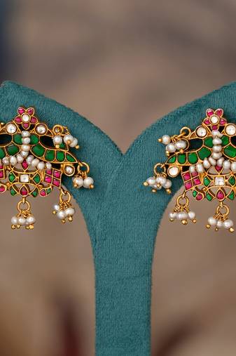 Gold plated multicolor polki jhumkas in sterling silver