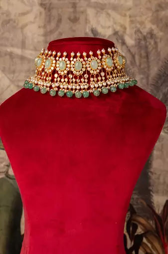 Gold plated  green stone kundan necklace in sterling silver