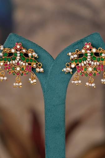 Gold plated multicolor polki jhumkas in sterling silver