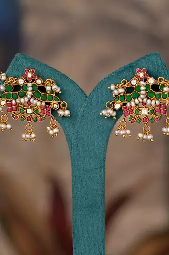 Gold plated multicolor polki jhumkas in sterling silver