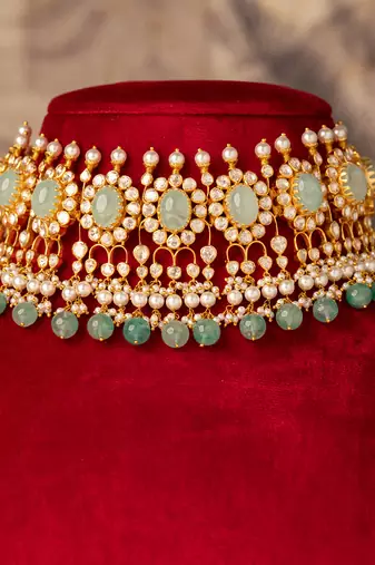 Gold plated  green stone kundan necklace in sterling silver