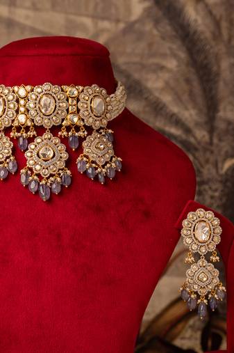 Gold plated purple beads  kundan necklace in sterling silver