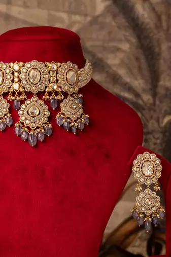 Gold plated purple beads  kundan necklace in sterling silver