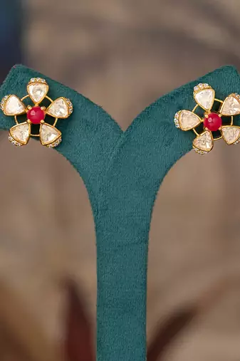 Gold plated polki studs in sterling silver