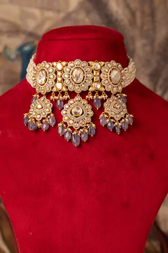 Gold plated purple beads  kundan necklace in sterling silver
