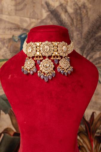 Gold plated purple beads  kundan necklace in sterling silver