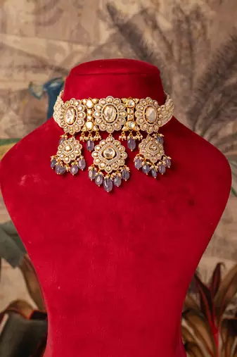 Gold plated purple beads  kundan necklace in sterling silver