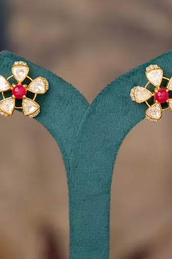 Gold plated polki studs in sterling silver