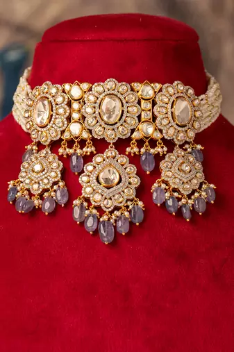 Gold plated purple beads  kundan necklace in sterling silver
