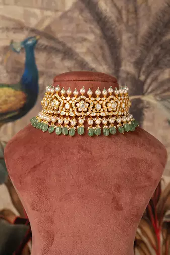 Gold plated  green beads kundan necklace in sterling silver