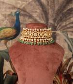 Gold plated  green beads kundan necklace in sterling silver
