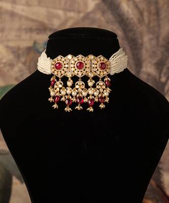 Gold plated  red  stone pearl necklace in sterling silver 1