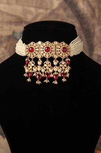 Gold plated  red  stone pearl necklace in sterling silver