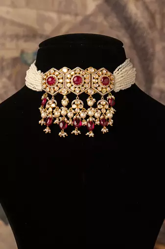 Gold plated  red  stone pearl necklace in sterling silver