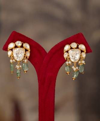 Gold plated green polki jhumkas in sterling silver 1