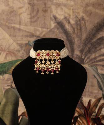 Gold plated  red  stone pearl necklace in sterling silver 3