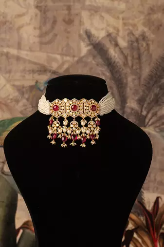 Gold plated  red  stone pearl necklace in sterling silver