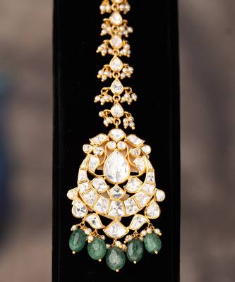Gold plated  green beads  maangtikka in sterling silver 2