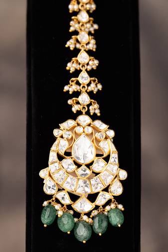 Gold plated  green beads  maangtikka in sterling silver