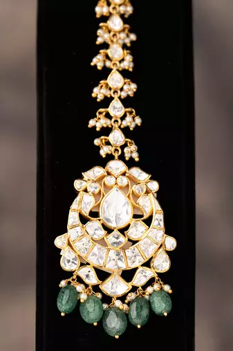 Gold plated  green beads  maangtikka in sterling silver