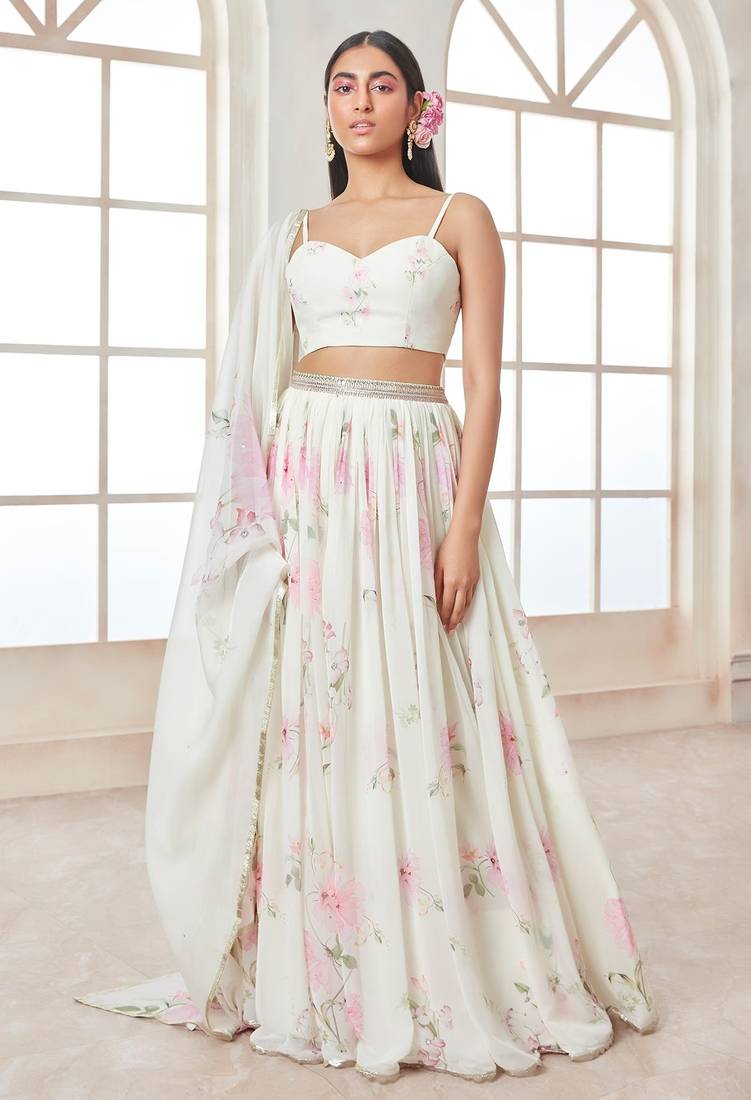  digital print georgette white lehenga with unstitched blouse and floral print jacket dupatta