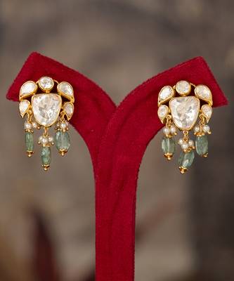 Gold plated green polki jhumkas in sterling silver 2