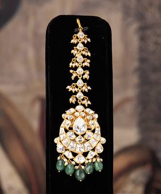 Gold plated  green beads  maangtikka in sterling silver 1