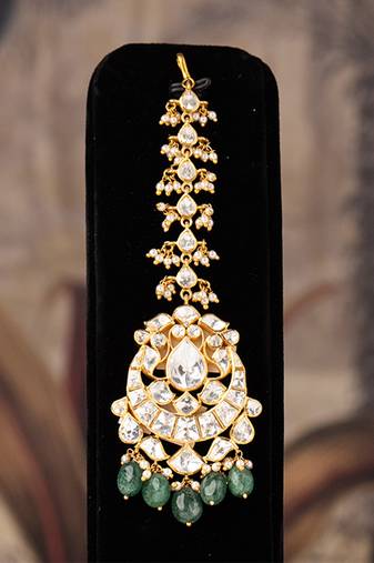 Gold plated  green beads  maangtikka in sterling silver