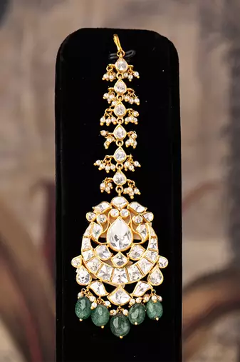 Gold plated  green beads  maangtikka in sterling silver