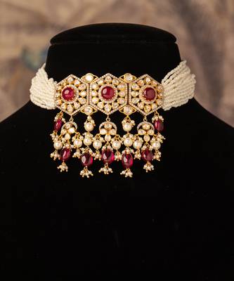 Gold plated  red  stone pearl necklace in sterling silver 4