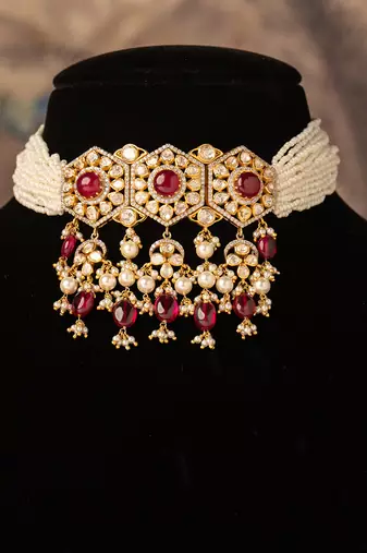 Gold plated  red  stone pearl necklace in sterling silver
