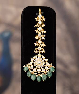 Gold plated  green beads maangtikka in sterling silver 1