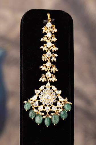 Gold plated  green beads maangtikka in sterling silver