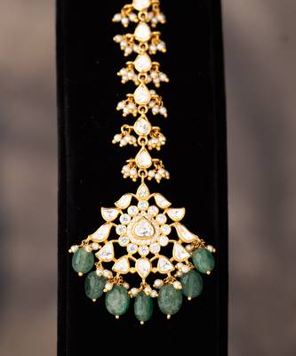 Gold plated  green beads maangtikka in sterling silver 2