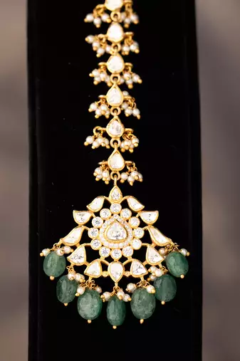 Gold plated  green beads maangtikka in sterling silver