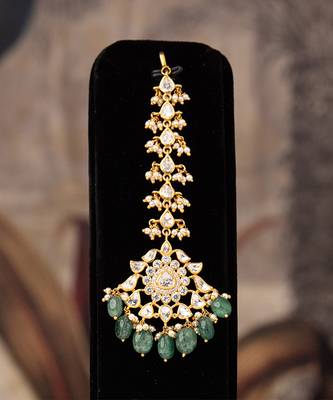 Gold plated  green beads maangtikka in sterling silver 3
