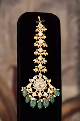 Gold plated  green beads maangtikka in sterling silver