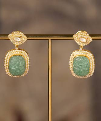 Gold plated green stone polki jhumkas in sterling silver 1