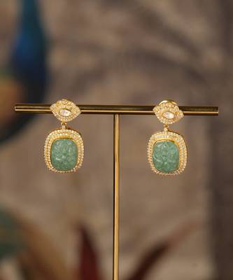 Gold plated green stone polki jhumkas in sterling silver 2
