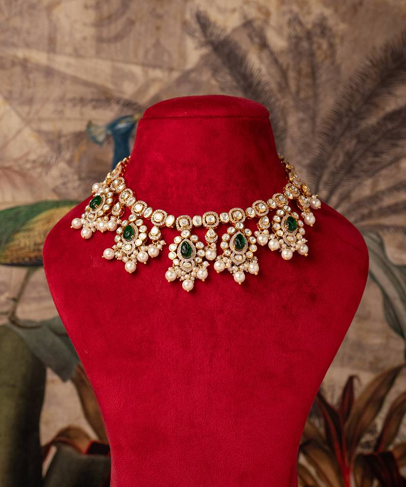 Gold plated  green stone pearl necklace in sterling silver