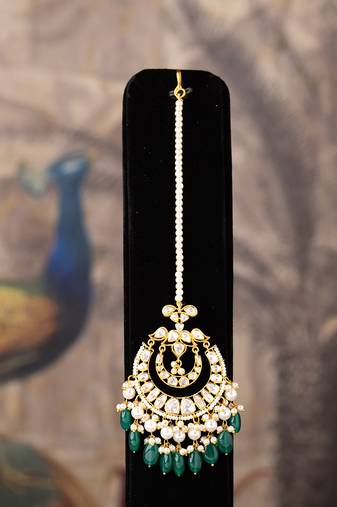 Gold plated  green beads maangtikka in sterling silver