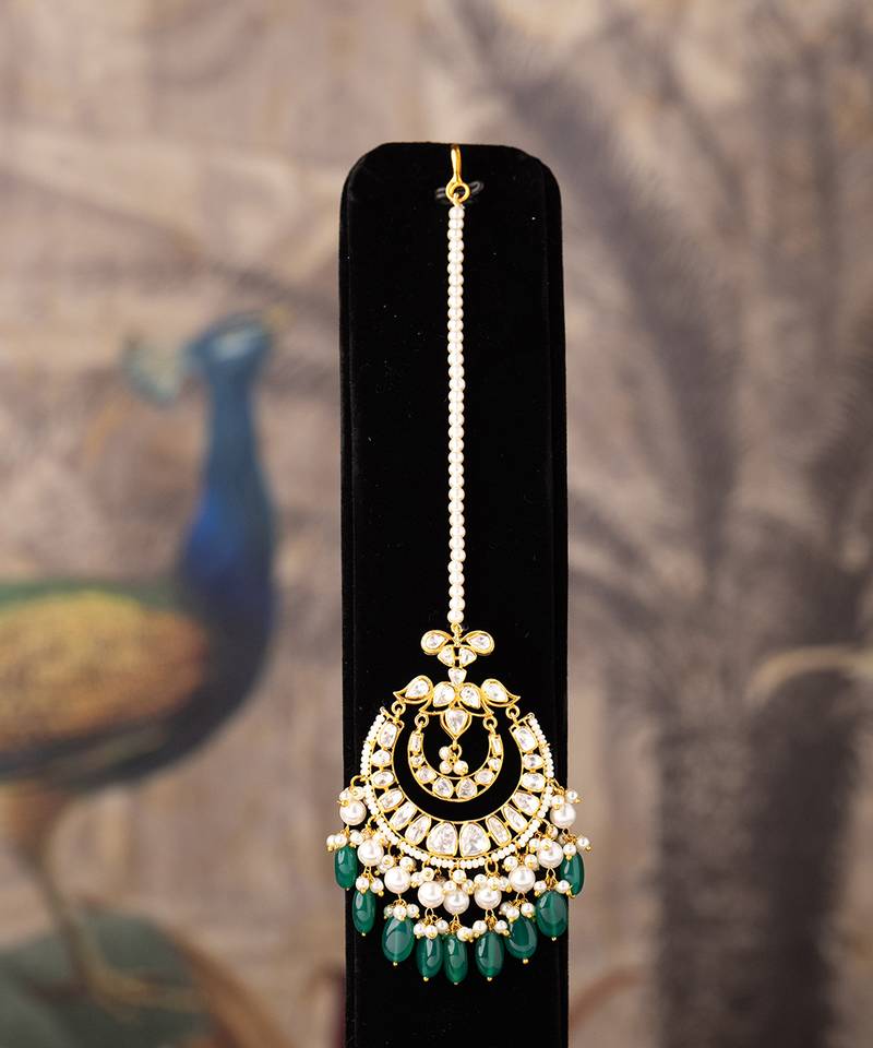 Gold plated  green beads maangtikka in sterling silver