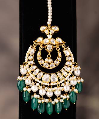 Gold plated  green beads maangtikka in sterling silver 2