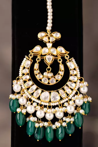 Gold plated  green beads maangtikka in sterling silver
