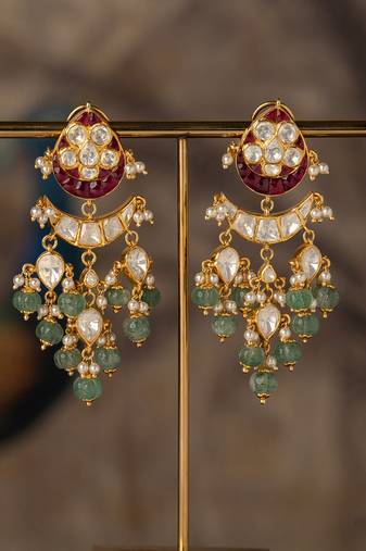 Gold plated multicolor polki jhumkas in sterling silver