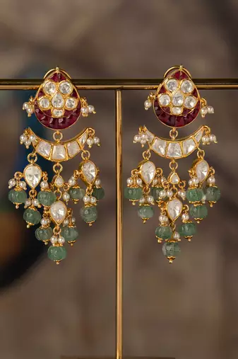 Gold plated multicolor polki jhumkas in sterling silver