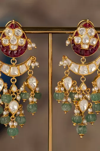 Gold plated multicolor polki jhumkas in sterling silver
