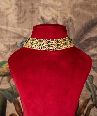 Gold plated  green stone kundan necklace in sterling silver 1