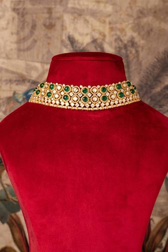 Gold plated  green stone kundan necklace in sterling silver
