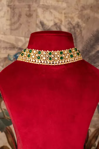 Gold plated  green stone kundan necklace in sterling silver